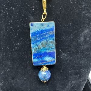 Lapis Lazuli Pendant 2" x 1" x .25" Thick plus 1" Bead Dangle Gold Tone Accents